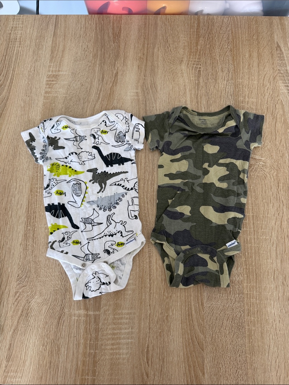 Gerber White Dino Print & Green Camo Baby Onesies